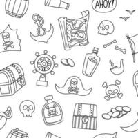 Vector black and white pirate seamless pattern. Cute sea adventures symbols repeat background. Line treasure island digital paper with chest, pirate hat, crossbones. Pirate party coloring page