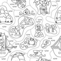 Vector black and white treasure island seamless pattern with pirate ship, octopus. Cute line repeat background with tropical sea isle, sand, palm tree, volcano. Treasure island coloring page