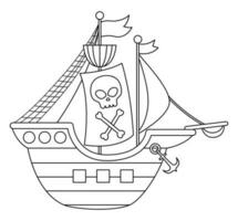 Vector black and white pirate ship icon. Cute sea vessel illustration. Line treasure island hunter boat with sails, scull and crossed bones. Funny pirate party element or coloring page for kids