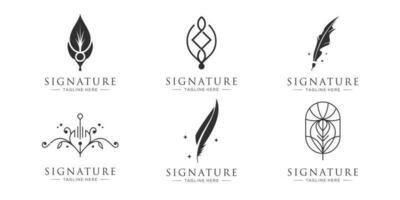 set of abstract signature feather pen logo design template. vector collection of feather inspiration