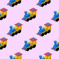 A pattern of locomotives assembled from plastic blocks in isometric style for print and decoration. Vector illustration.