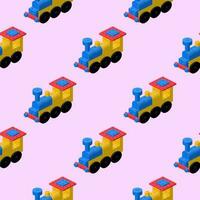 A pattern of locomotives assembled from plastic blocks in isometric style for print and decoration. Vector illustration.