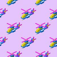 Pattern of toy helicopters assembled from plastic blocks in isometric style for print and design. Vector illustration.