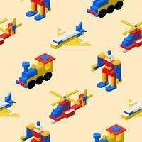 Multi-colored pattern of figures assembled from plastic blocks in isometric style for printing and decoration. Vector illustration.