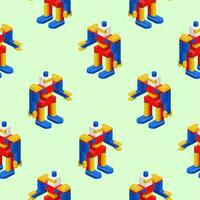 Bright pattern of robots assembled from plastic blocks in isometric style for printing and decoration. Vector illustration.