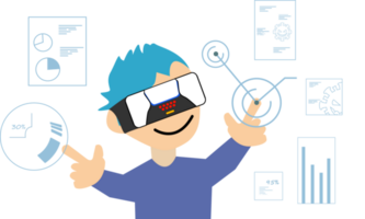 A man moving objects data and graph around using a virtual reality VR headset. business technologies. png