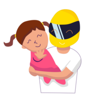 Bike driver in motorcycle helmet is holding child. Happy dad and baby son. Conceptual illustration in flat style. png