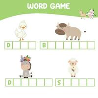 Word game worksheet. Complete animals name worksheet. Educational spelling printable game worksheet. Writing practice. Vector file.