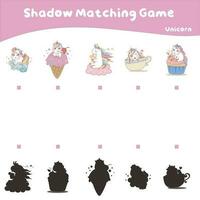 Matching shadow game for children. Matching image with shadow. Cute unicorn worksheet.  Vector illustrations.