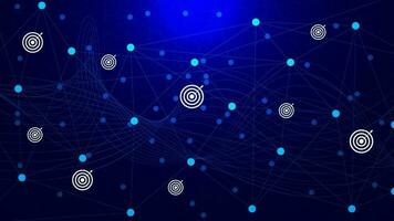 Connected dots and lines connection with target icons. Arrow target and glowing particle on dark blue background. Vector illustration.