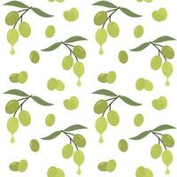 Seamless background with olives. Vector repeating pattern with fruits and olive leaves. Template for design