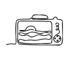 Line drawing camera. Single line drawing icon, camera outline with landscape line art, continuous mono line drawing, single line logo outline linear vector illustration.