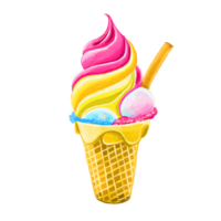 Watercolor and drawing for fresh sweet colorful strawberry, mango and vanilla ice cream. Digital painting of homemade bakery, dessert and food illustration. png