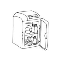 dibujado a mano pequeño refrigerador para auto, frutas, y jugo en abrió refrigerador, vector ilustración, aislado en blanco antecedentes