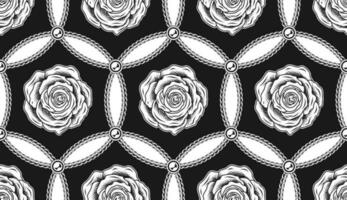 Seamless black and white hexagonal pattern with chains, beads, contour roses, intersecting circles. Classic geometric vintage background. Vector