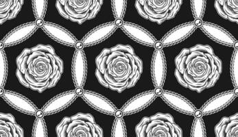 Seamless black and white hexagonal pattern with chains, beads, contour roses, intersecting circles. Classic geometric vintage background. Vector