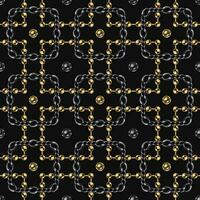 Seamless geometric chain pattern with ball beads, intricate overlapping squares on black background. Stainless steel and gold chains. Vector Illustration.
