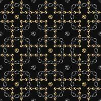 Seamless geometric chain pattern with ball beads, intricate overlapping squares on black background. Stainless steel and gold chains. Vector Illustration.