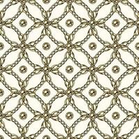 Seamless geometric pattern with gold chains, ball beads, intricate overlapping circles on white background. Vector