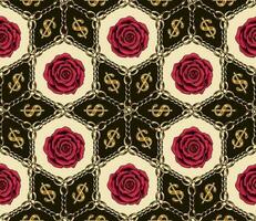 Seamless vintage arabesque pattern with gold dollar sign, chain, beads, crimson roses. Geometric grid with rhombus, hexagons. Classic background. Vector illustration