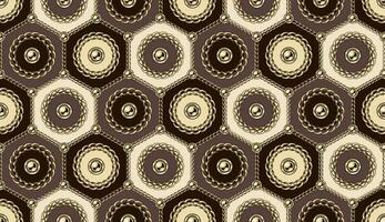 Seamless pattern with circles with gold chains, beads in hexagonal grid. Geometric motley background. vector