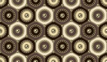 Seamless pattern with circles with gold chains, beads in hexagonal grid. Geometric motley background. vector