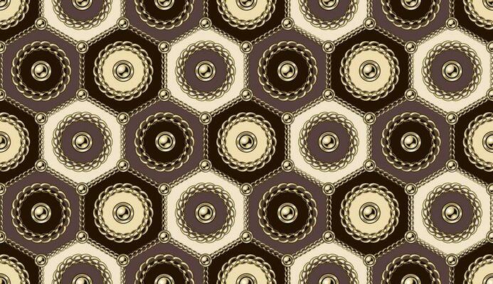 Seamless pattern with circles with gold chains, beads in hexagonal grid. Geometric motley background.