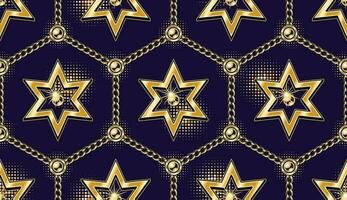 Seamless geometric pattern with hexagonal grid with golden chains, shiny stars, halftone shapes on dark blue background. Vector illustration in vintage style.