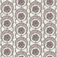 Seamless vintage staggered pattern with roses, circles, silver chain, beads. Flowers inside of circles. Textured backdrop. Fashion illustration. Classic beige background. Vector illustration