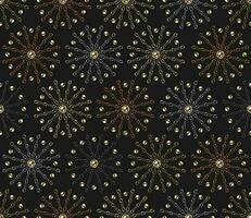 Seamless geometric chain pattern with stars of fireworks of metallic chains and beads, buttons. Gold, silver, copper, black chains. Vector Illustration.