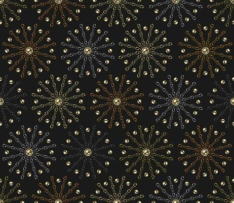 Seamless geometric chain pattern with stars of fireworks of metallic chains and beads, buttons. Gold, silver, copper, black chains. Vector Illustration.