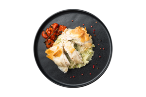 Checken with mashed potatoesand tomatoes isolated on a transparent background png