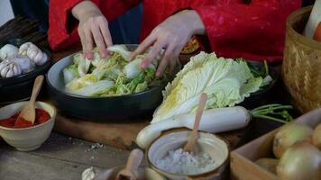 asiático mujer vistiendo coreano tradicional disfraces hanbok son aspersión sal por mano y kimchi ingredientes con ingredientes tal como ajo, gochugaru coreano chile, Fresco vegetales. video