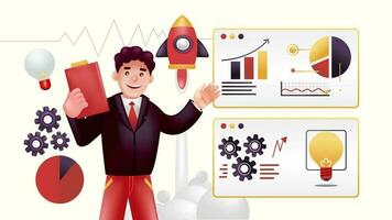 Male Speaker presenting Technology Products, Infographics, animations, statistics and business. 3d vector animation, with flying rocket and rotating gear elements video