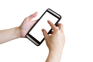 Hand with phone isolated on transparent background. Png realistic design element.