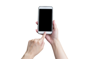 Hand with phone isolated on transparent background. Png realistic design element.