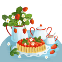 Erdbeere immer noch Leben Stil png Illustration. Erdbeere Kuchen oder Kuchen auf ein Platte, Krug mit Blüten und Blätter, Tasse mit Tee oder Kaffee mit Löffel.