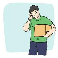 line art man receiving box and using smartphone illustration vector hand drawn isolated on white background