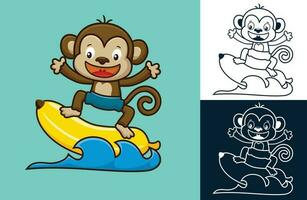 Cute monkey surfing on wave with big banana. Vector cartoon illustration in flat icon style