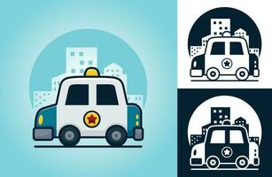 policía coche en edificios antecedentes. vector dibujos animados ilustración en plano icono estilo