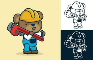 Cute bear wearing worker costume shouldering big wrench. Vector cartoon illustration in flat icon style