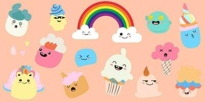 Set of Desserts Vector Illustrations of Cute Cupcakes, Ice Cream in Waffle Cones, and Ice Lolly Kawaii with Pink Cheeks and Winking Eyes, All in Pastel Colors on a Light Blue Background