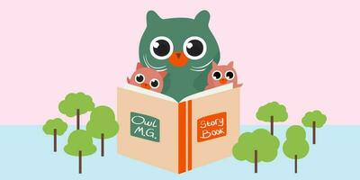 Bedtime Stories Under Starry Skies Charming Owl Reads to Owlets on the Moon in a Sweet Father Children Concept Illustration. Perfect for Posters, Cards, and More vector
