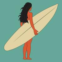 navegar niña minimalista vector ilustración. plano estilo digital Arte. joven mujer con tabla de surf en lleno crecimiento