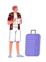 Traveler with piece of paper in his hand and suitcase looking around vector