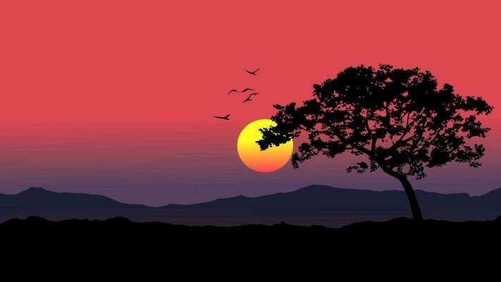 Vectpr sunset scene with a tree and flying birds in silhouette with sun and mountain in background