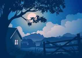 Tranquil silent night in countryside with moonlight vector