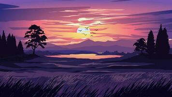 Vector beautiful sunset landscape with meadow and mountain in background