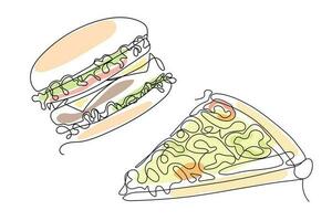 Pizza and hamburger in line art style. Fast food vector illustration for menu, packaging, cafe, different design.