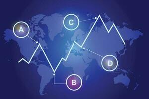 Financial chart with moving up arrow graph and world map on blue color background. vector